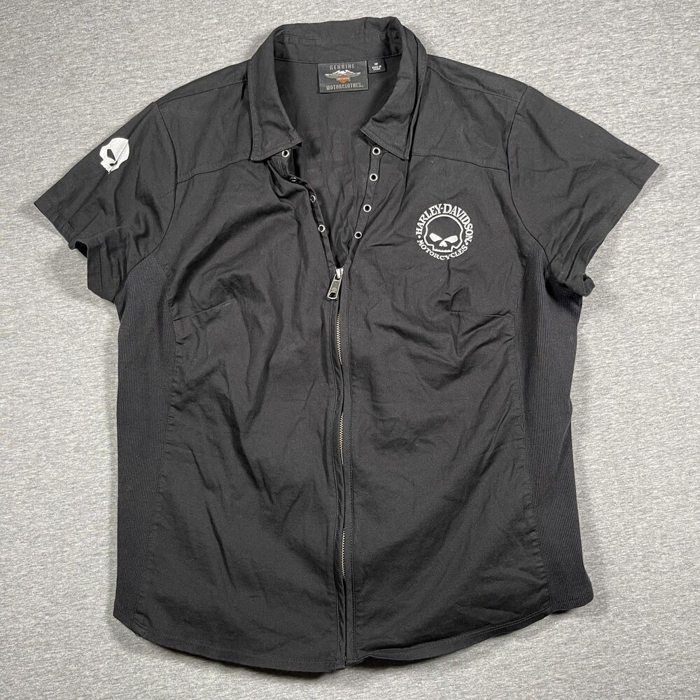Harley-Davidson Button-Up Shirt Womens 1W Black Zip Skull Back Lace Stretch
